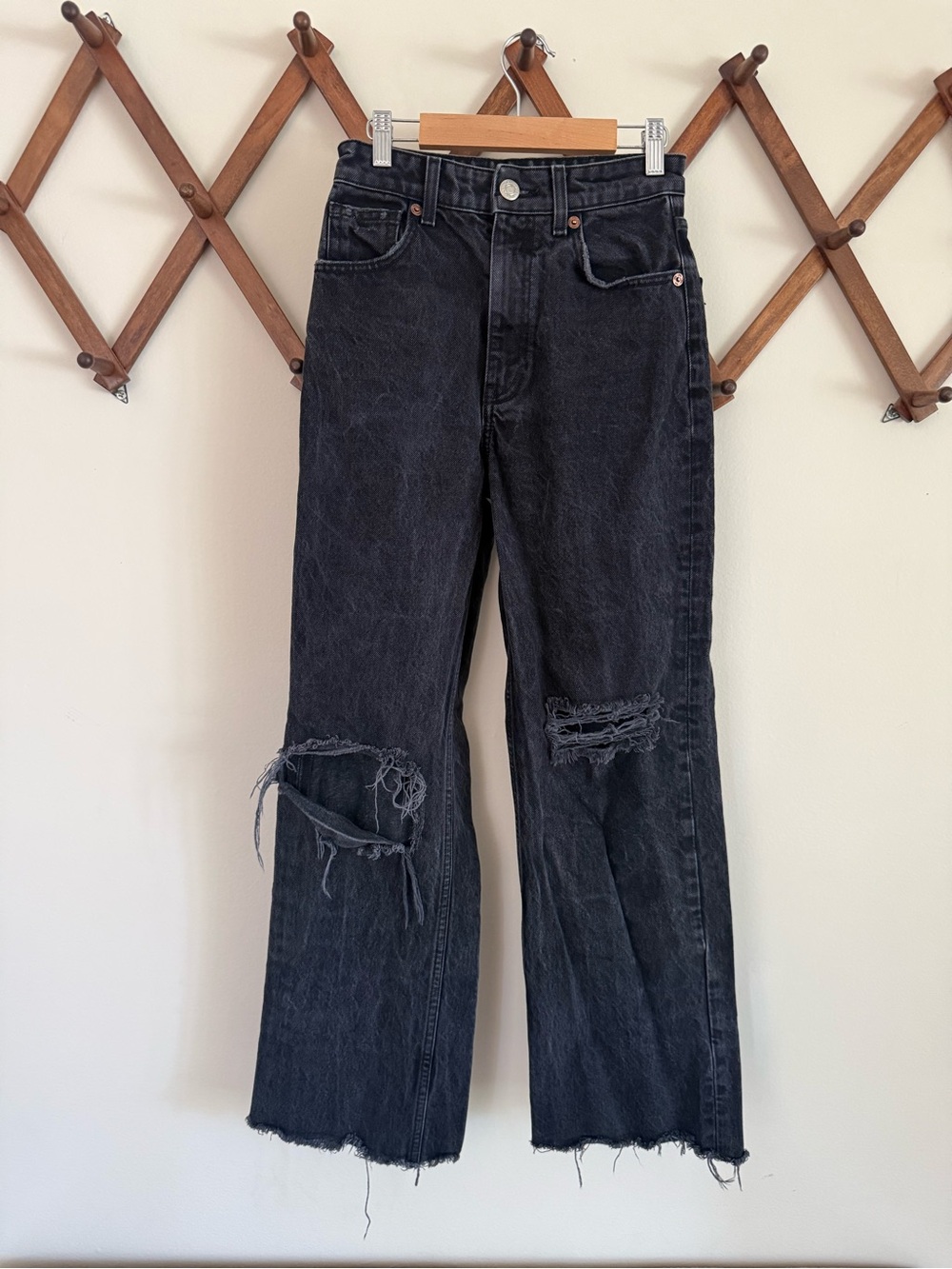 Zara Black Straight Leg Distressed Jeans